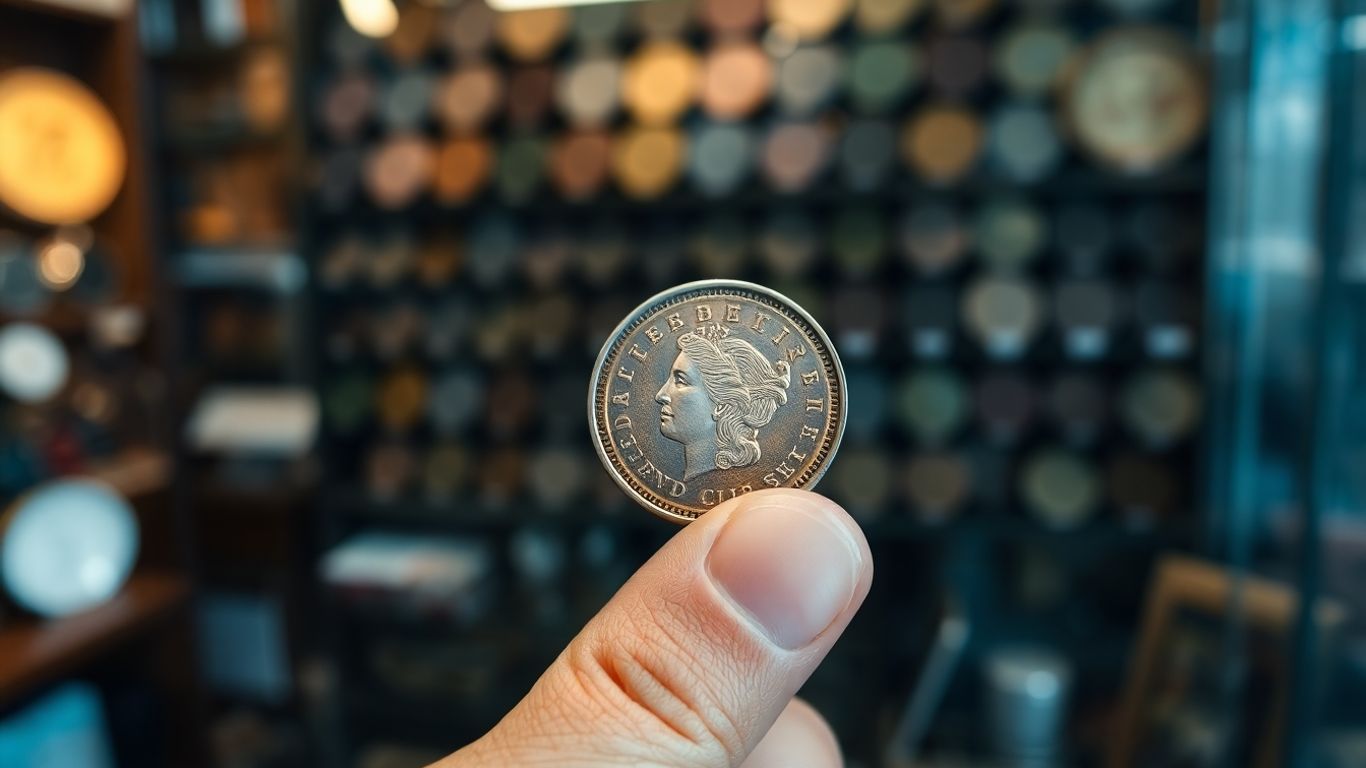 Hand holding a graded coin in a coin shop.