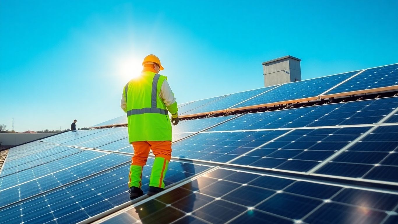 Installation of solar panels on a sunny roof.
