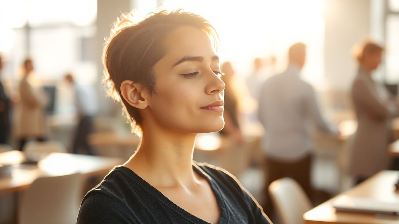 Person meditating peacefully in a busy office environment.