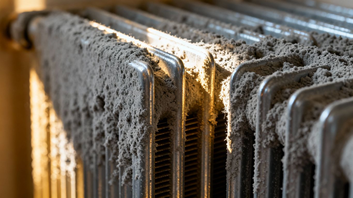 Prach vo vnútri radiátora, znižujúci efektivitu kúrenia.