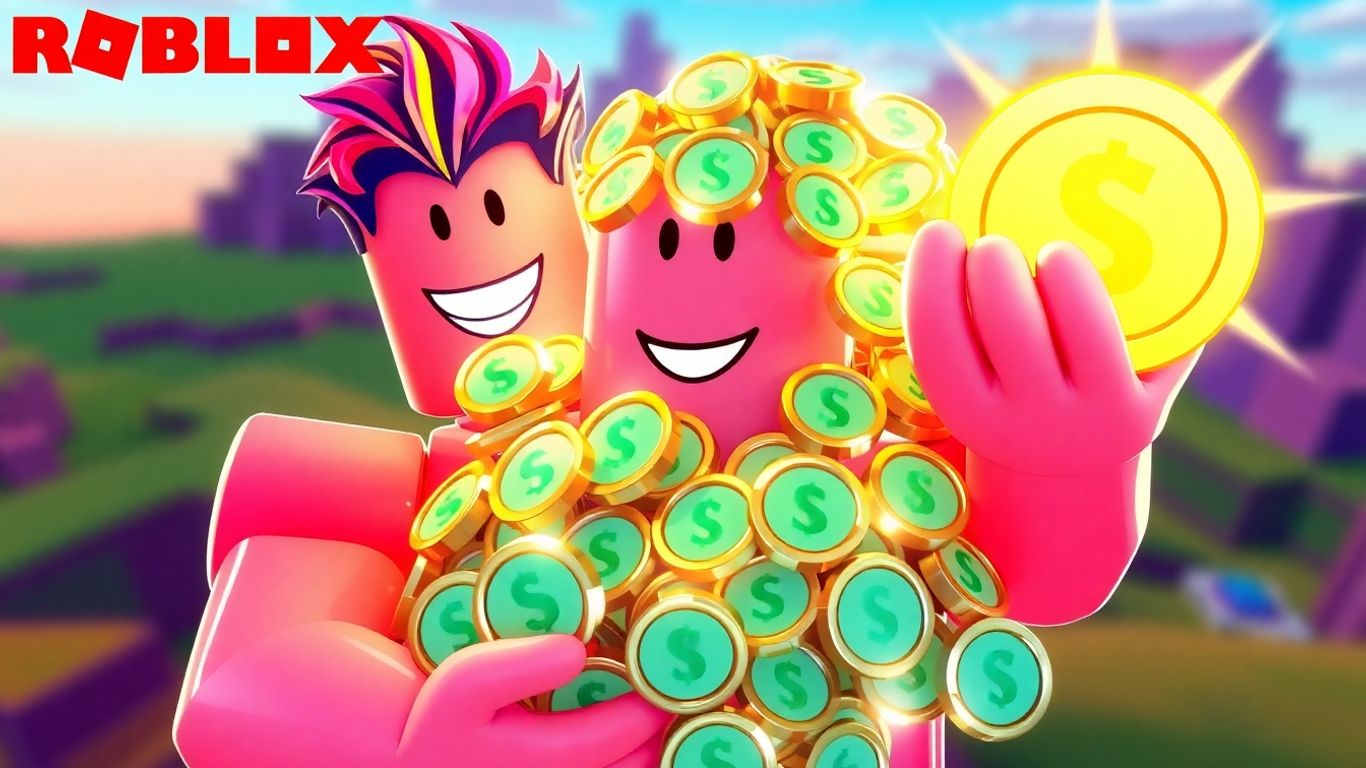 Personagem Roblox com muitas moedas de Robux brilhantes.