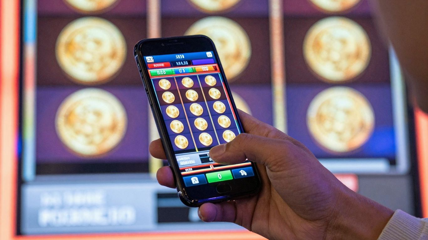 Smartphone mit bunter Spieloberfläche und Münzen