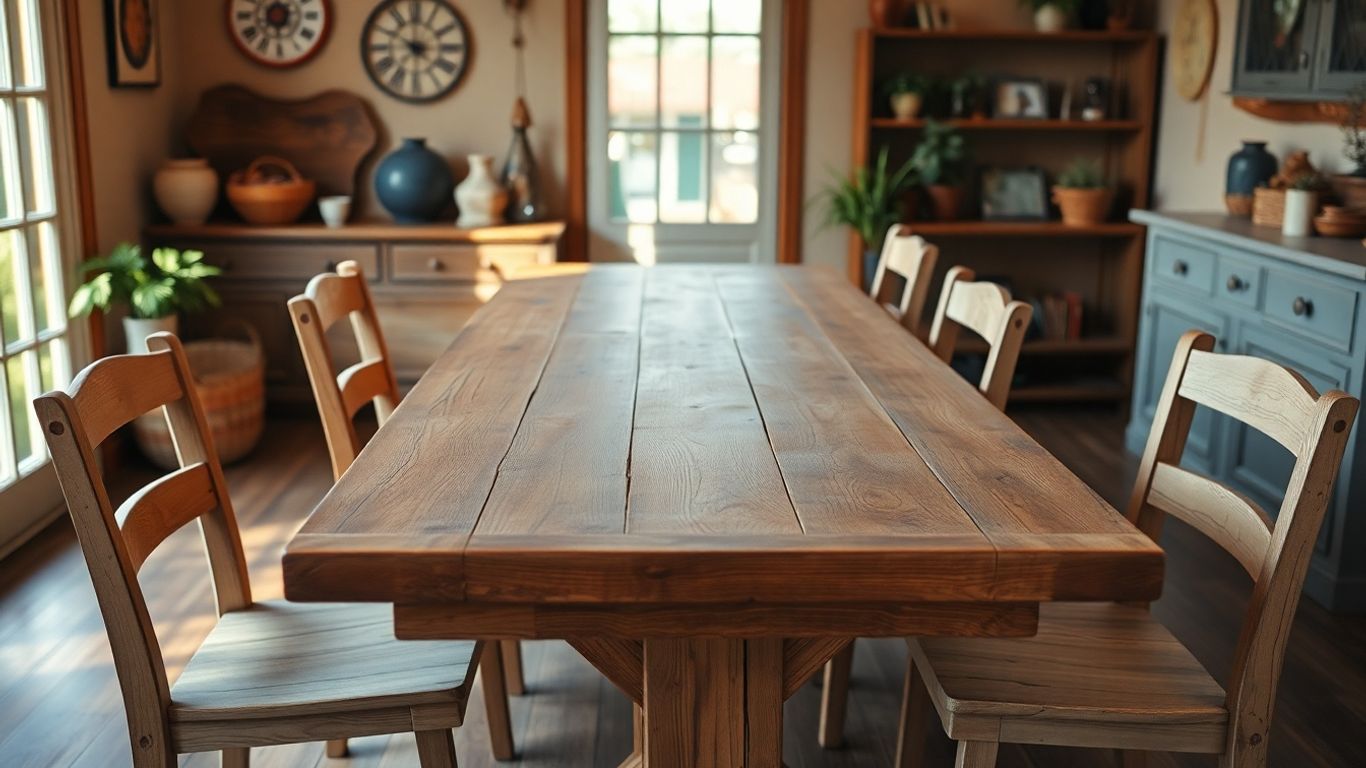 Rustic wooden dining table in a cozy dining room