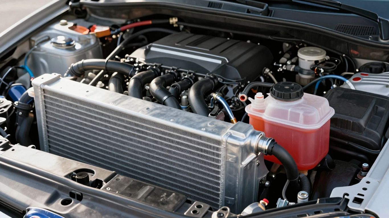Subaru engine bay with radiator and cooling system components.