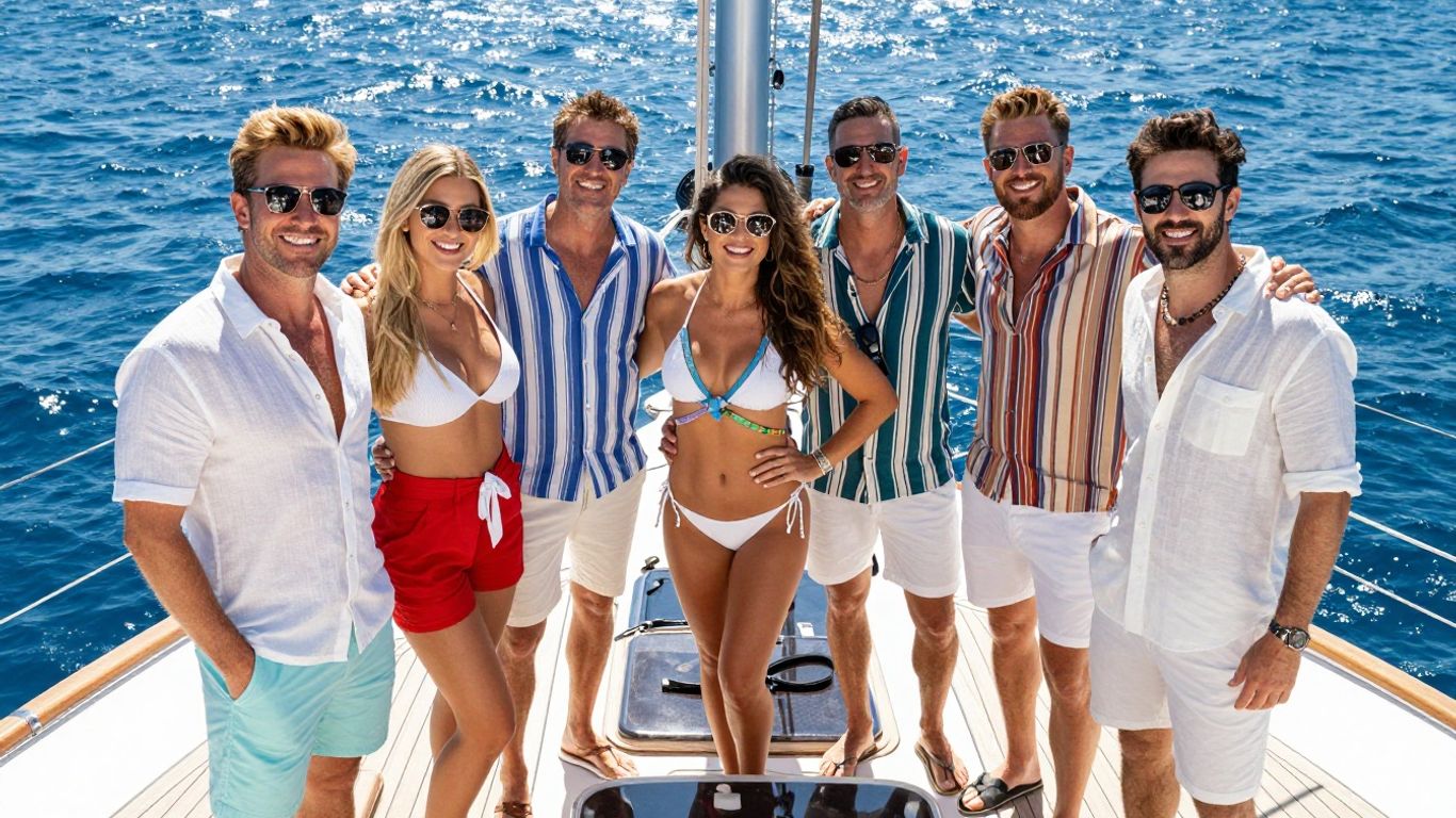Below Deck Sailing Yacht Season 5 cast on yacht deck.