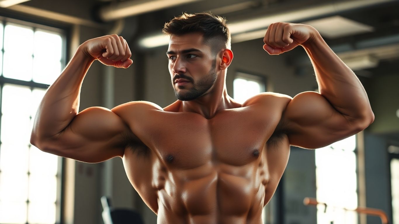 Bodybuilder with defined muscles in a gym.