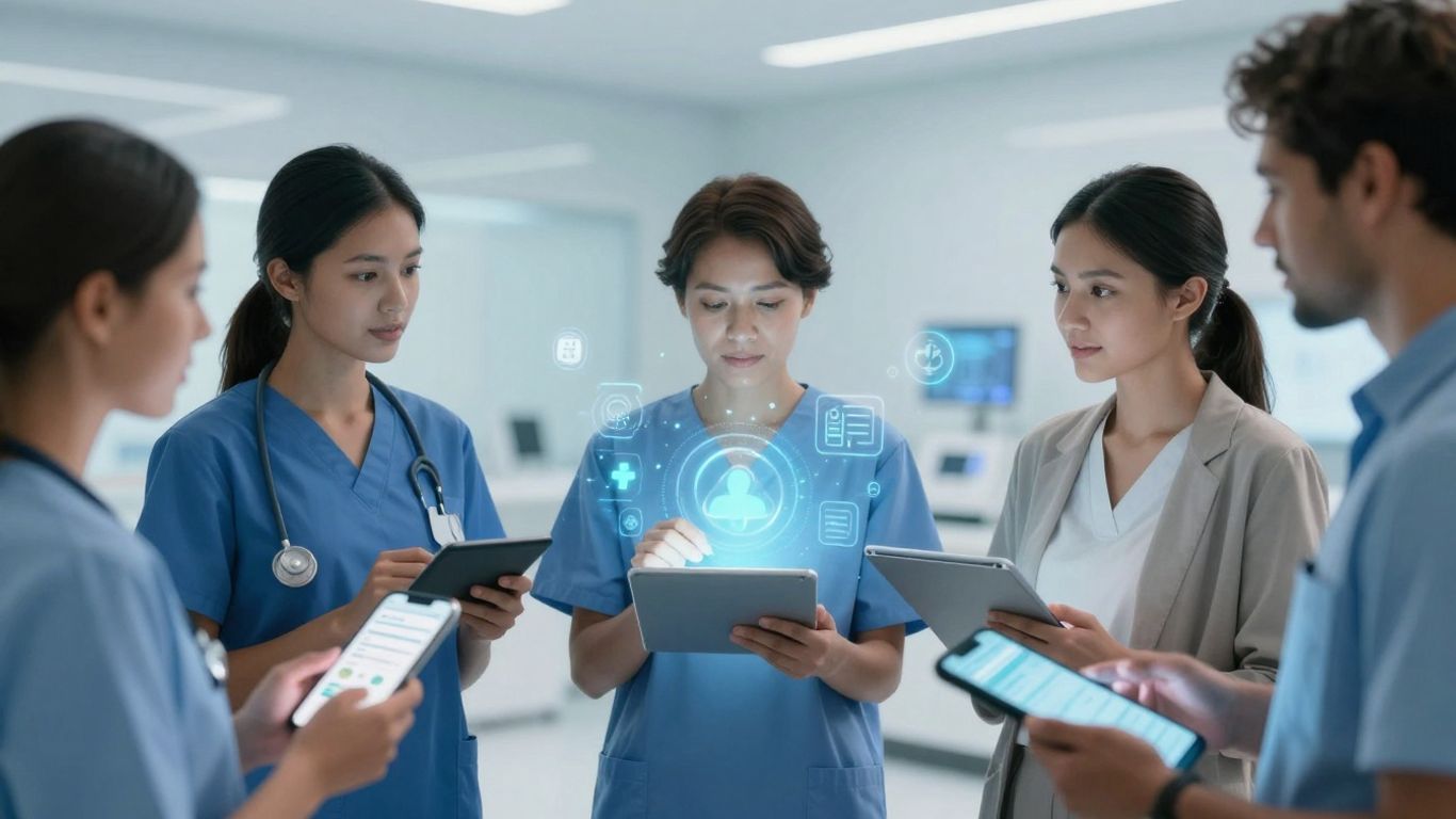 Digital health interfaces and people in a modern medical setting.