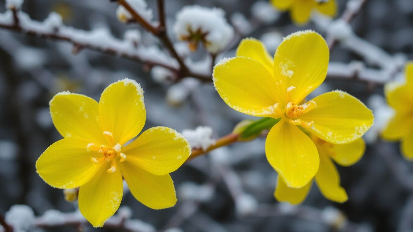 Gelbe Winterjasminblüten im Schnee