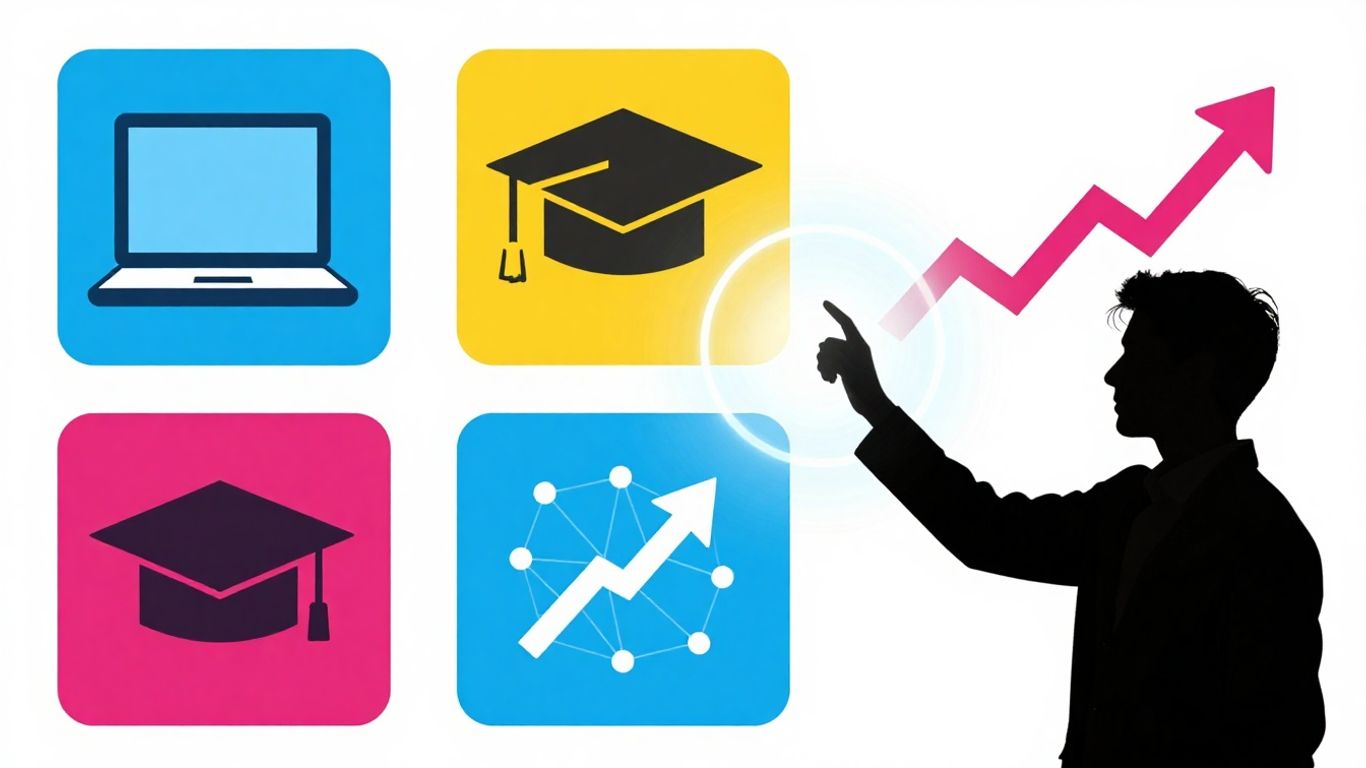 Infographic of IT career advancement with icons and network.