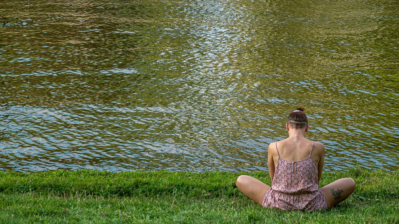 woman in brown tube dress sitting on green grass field near body of water during daytime