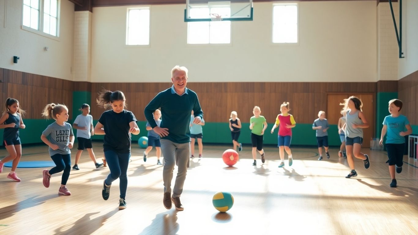 Schüler und Lehrer bei sportlichen Aktivitäten im Sportunterricht.