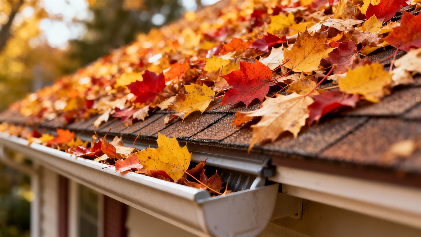 Fall leaves covering a residential roof and gutters.