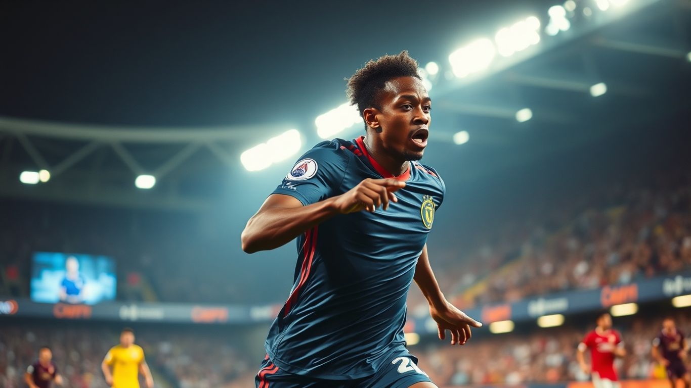 Joueur du PSG en action, éclairé par les projecteurs.