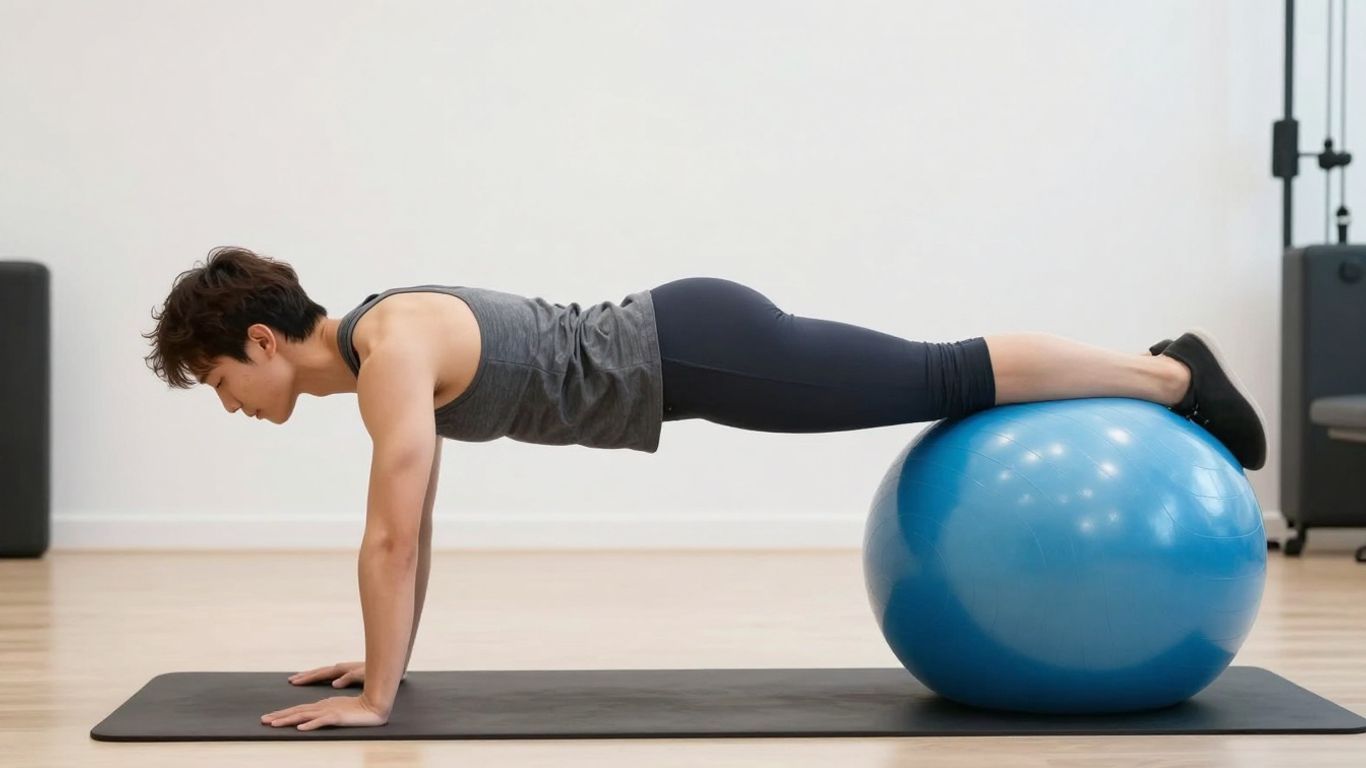 Person doing a stability ball plank exercise in a gym.