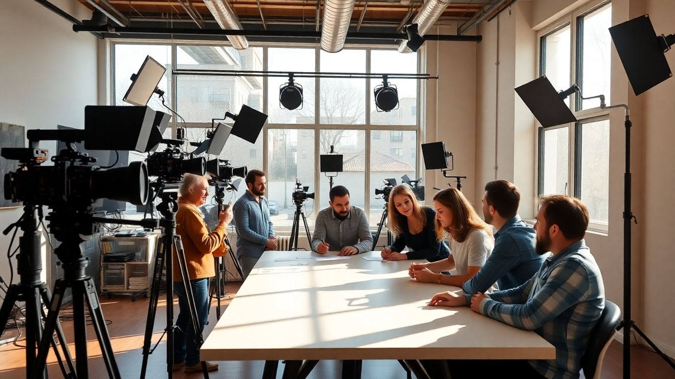 Tim kreatif berdiskusi di studio produksi film.