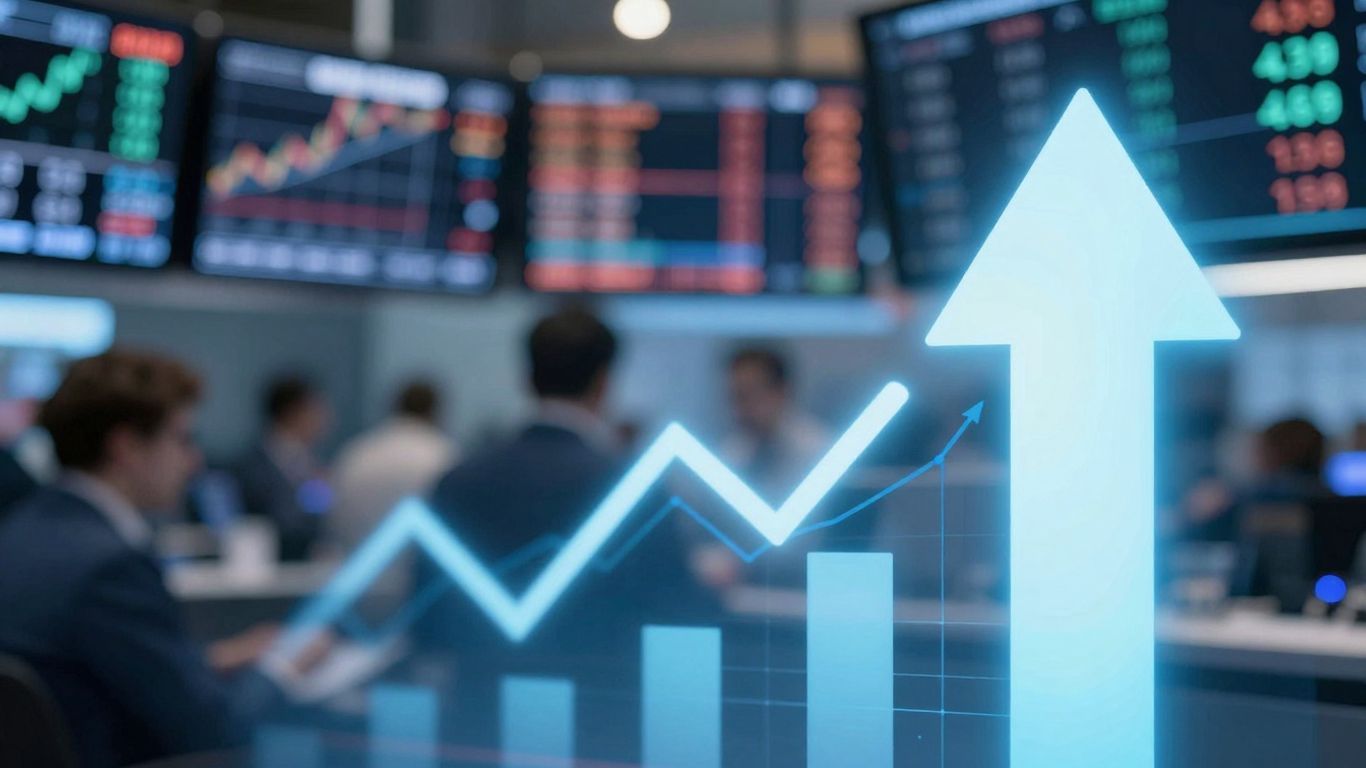 Upward trending arrows indicating market gains and financial growth.