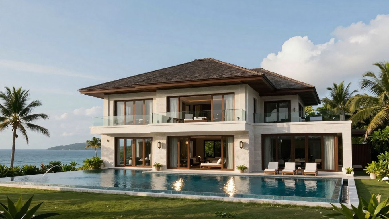 Luxury villa with infinity pool overlooking tropical sea.