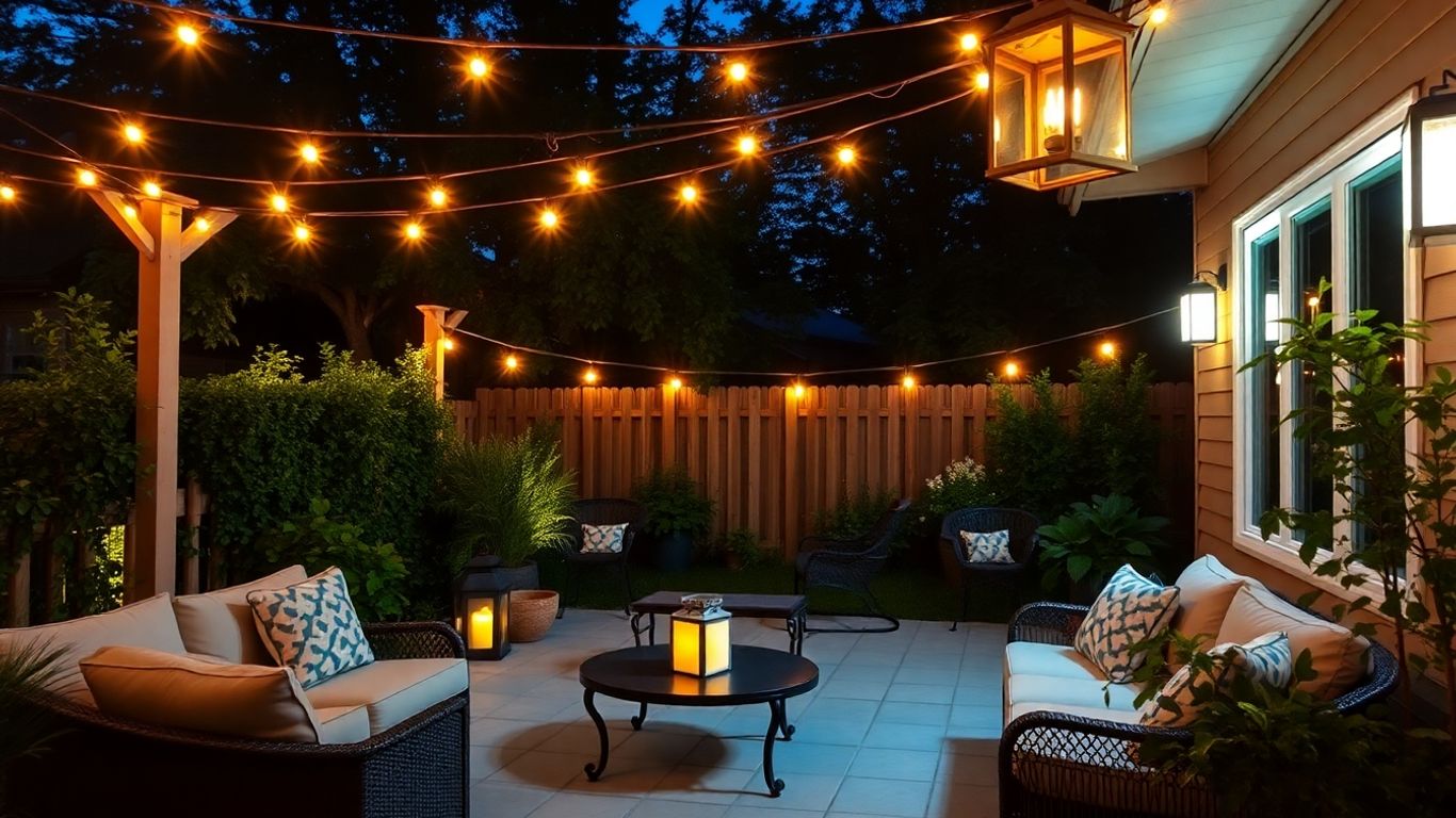 Warmly lit patio with string lights and lanterns at dusk.