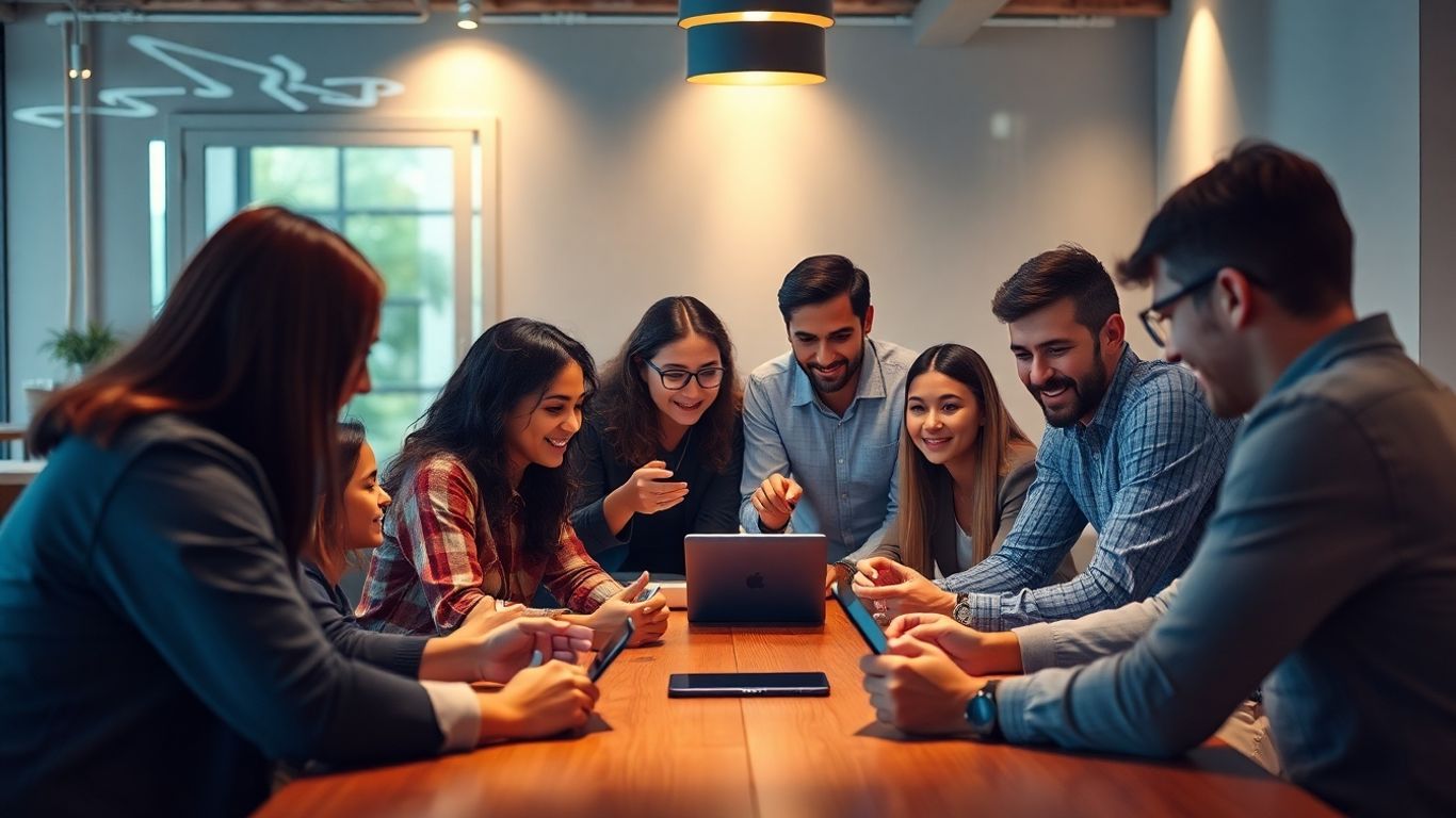 People collaborating and connecting with digital devices.