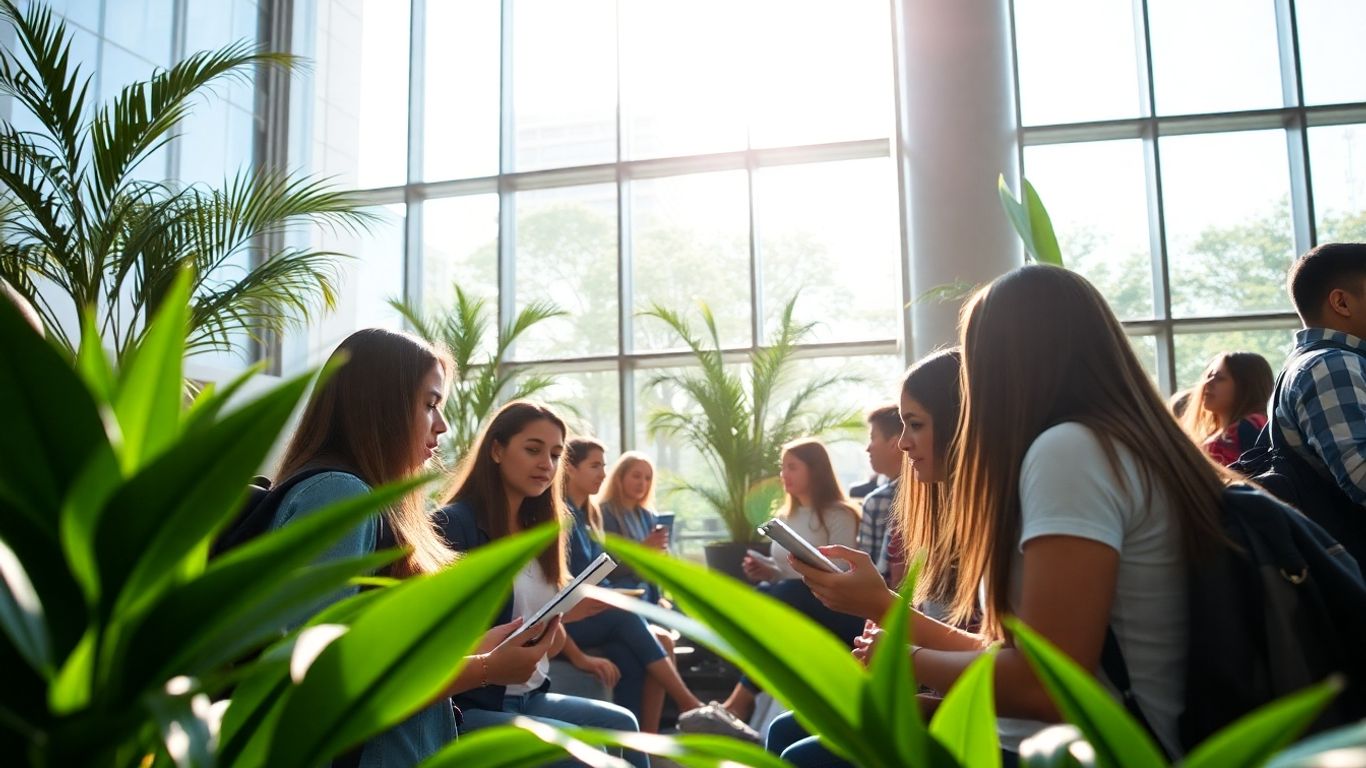 Estudiantes mexicanos en un campus moderno y luminoso.