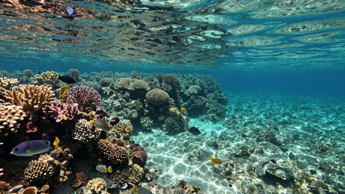 Snorkeling in clear blue water with coral and fish.