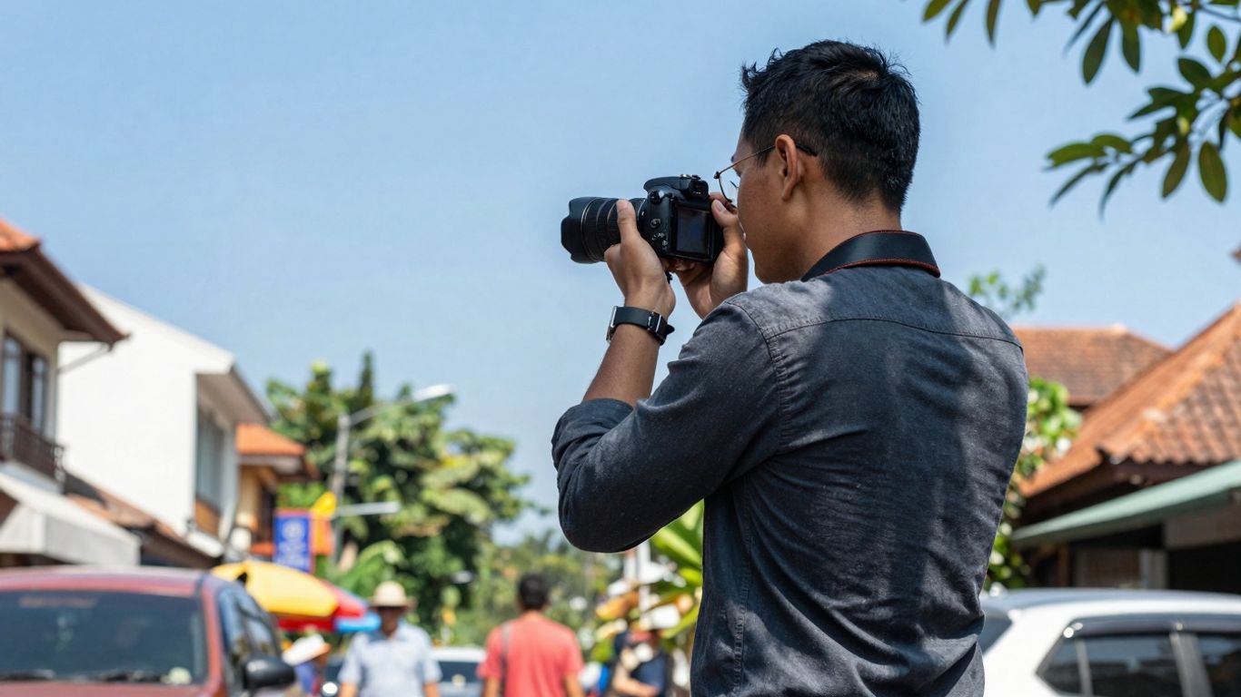 Private investigator observing Bali street scene with camera.