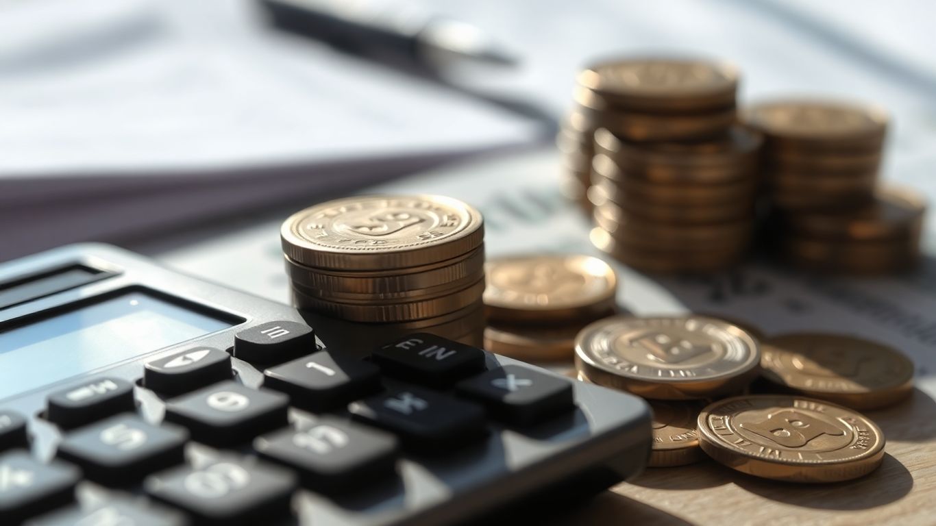 Calculadora e moedas sobre documentos financeiros.