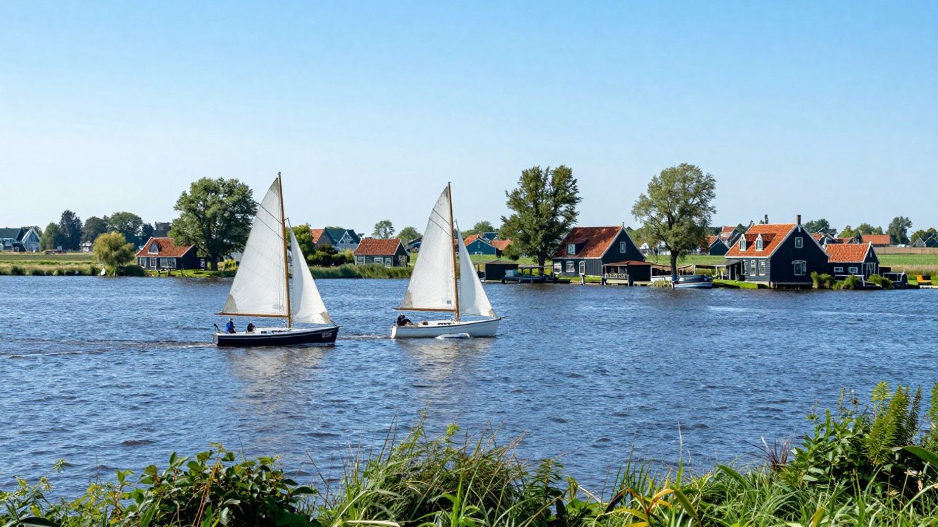 IJsselmeer mit Segelbooten und niederländischen Häusern