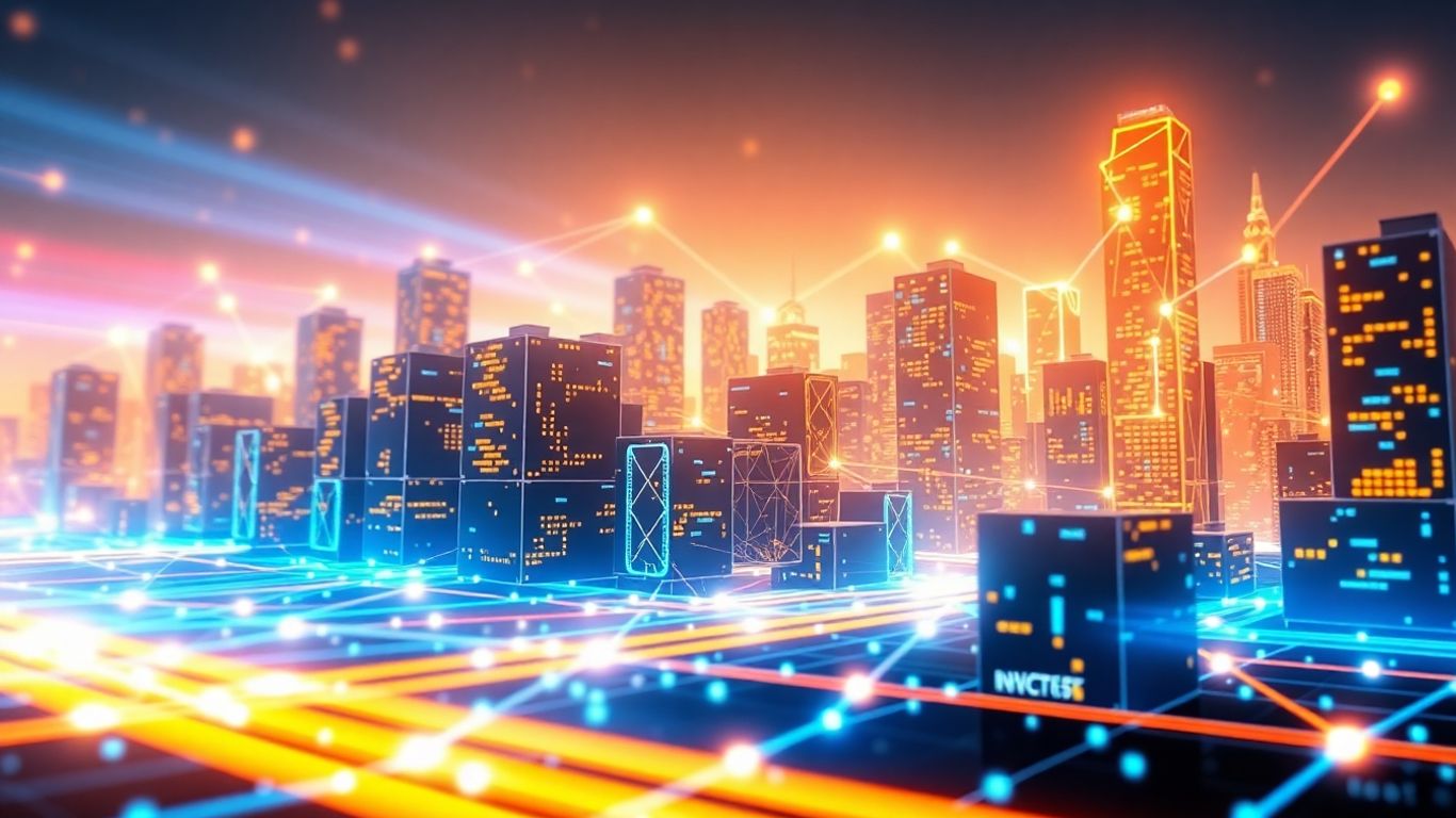 Interconnected digital blocks forming a futuristic cityscape.