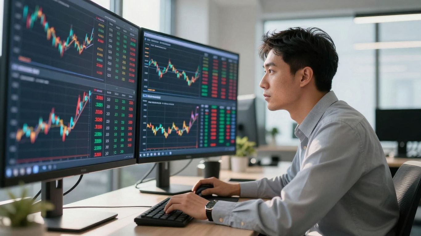 Trader analyzing market data on a digital display.