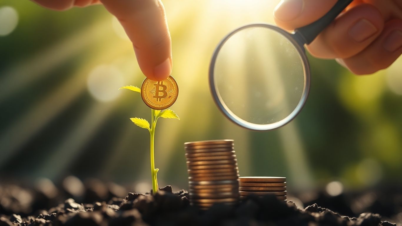 Plant growing from coins with magnifying glass
