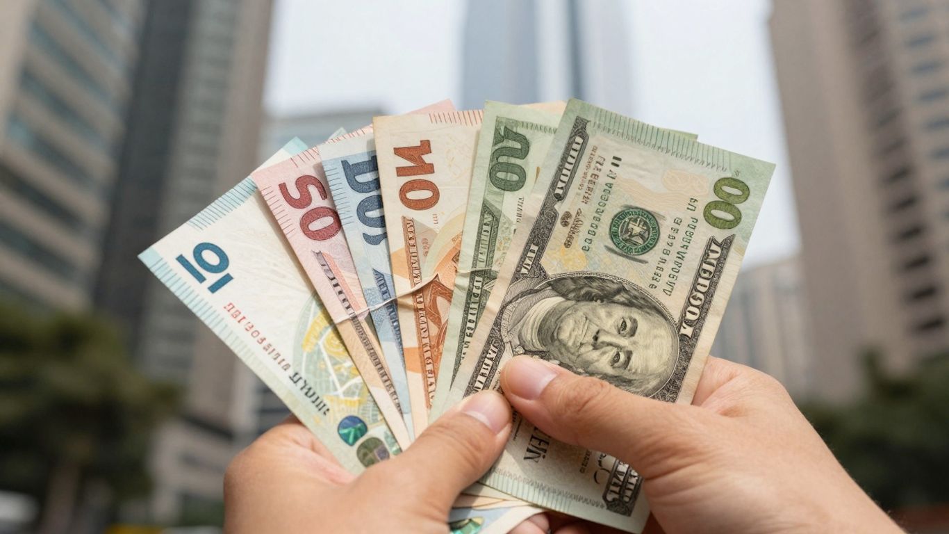 Financial district with skyscrapers and currency.