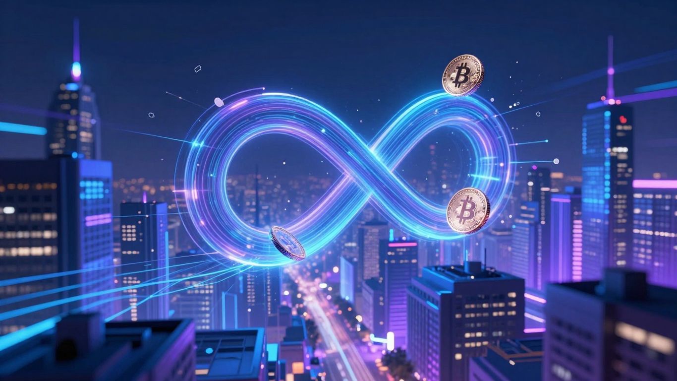 Futuristic cityscape with infinity symbol and crypto coins.