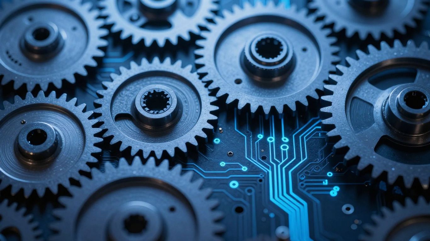 Interlocking gears and glowing circuits forming a secure system.