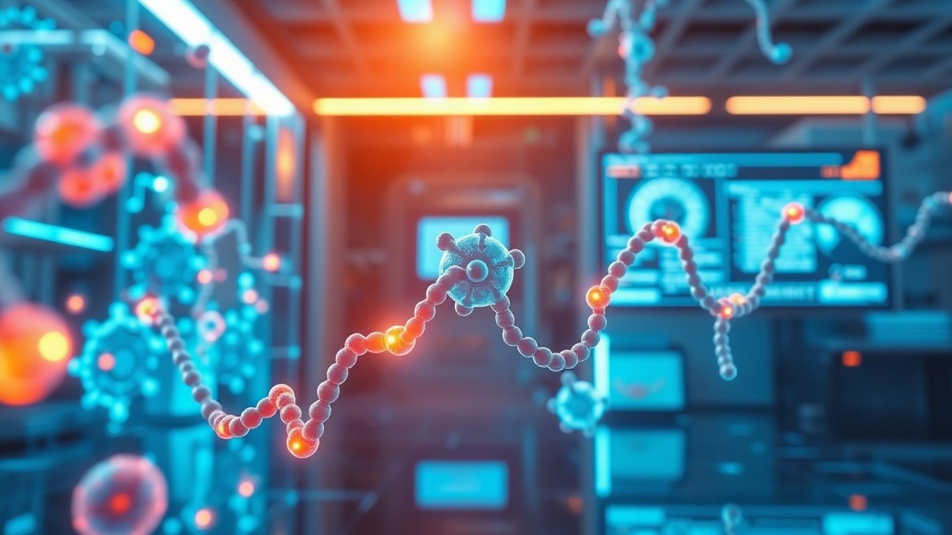AI designing complex protein structures in a futuristic lab.
