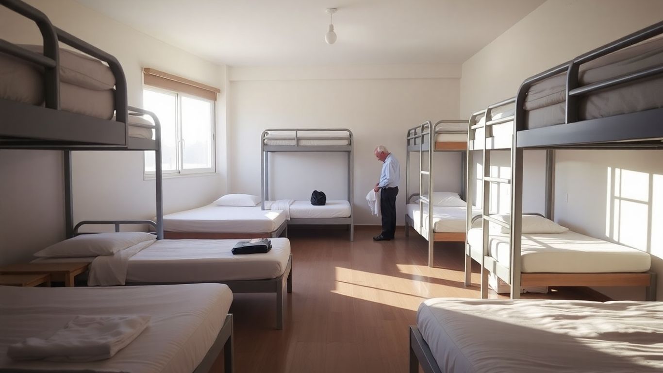 Clean hostel dormitory with tidy beds and sunlight.