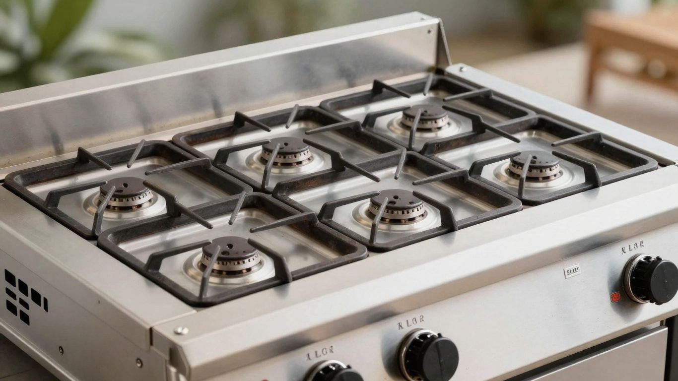 Four-burner stainless steel LPG gas griddle outdoors.
