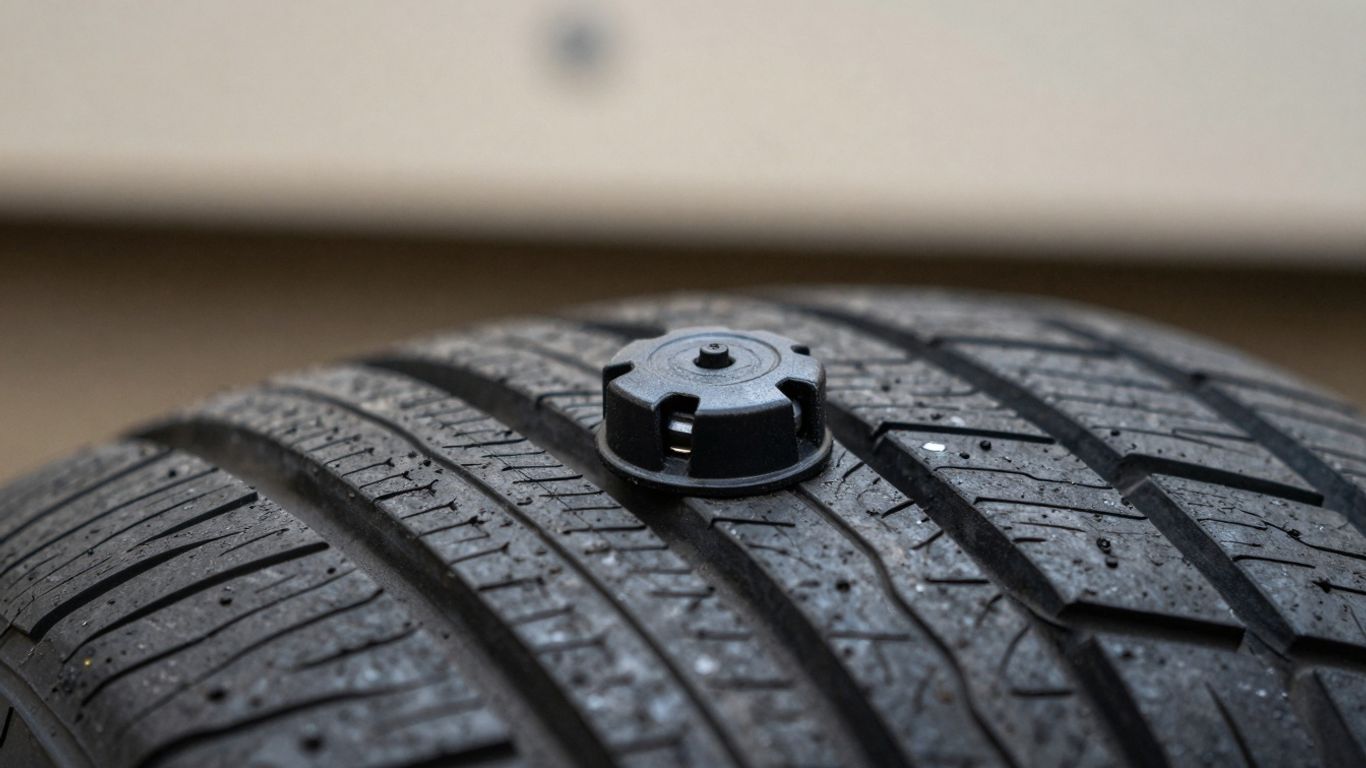 Car tire with a valve stem cap.