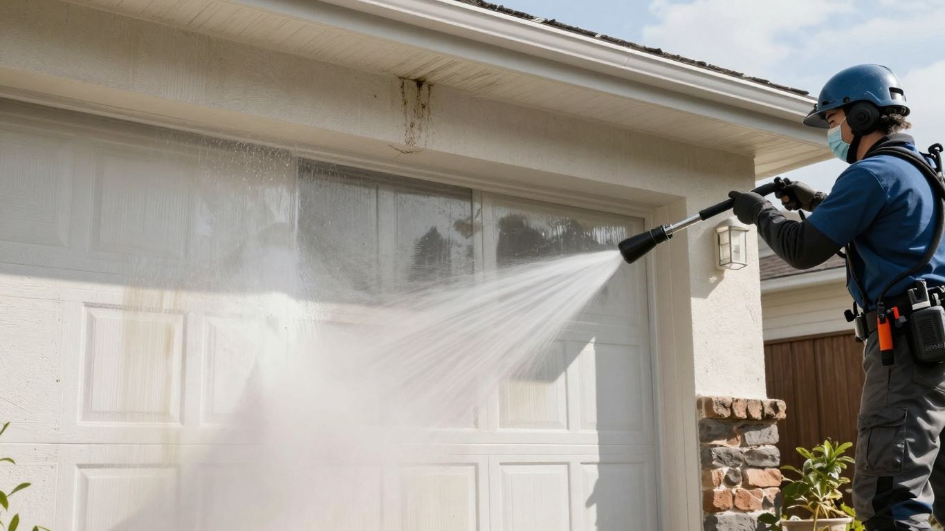 Power washing a dirty house exterior to reveal a clean surface.