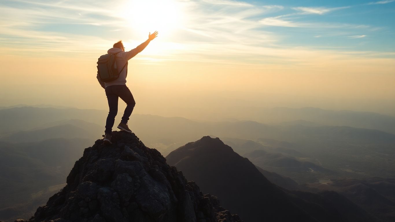 Person reaching for success on a mountain.