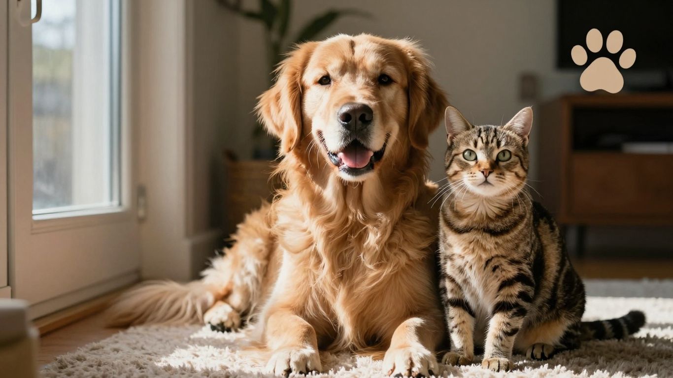 Golden retriever and cat on rug with paw print.