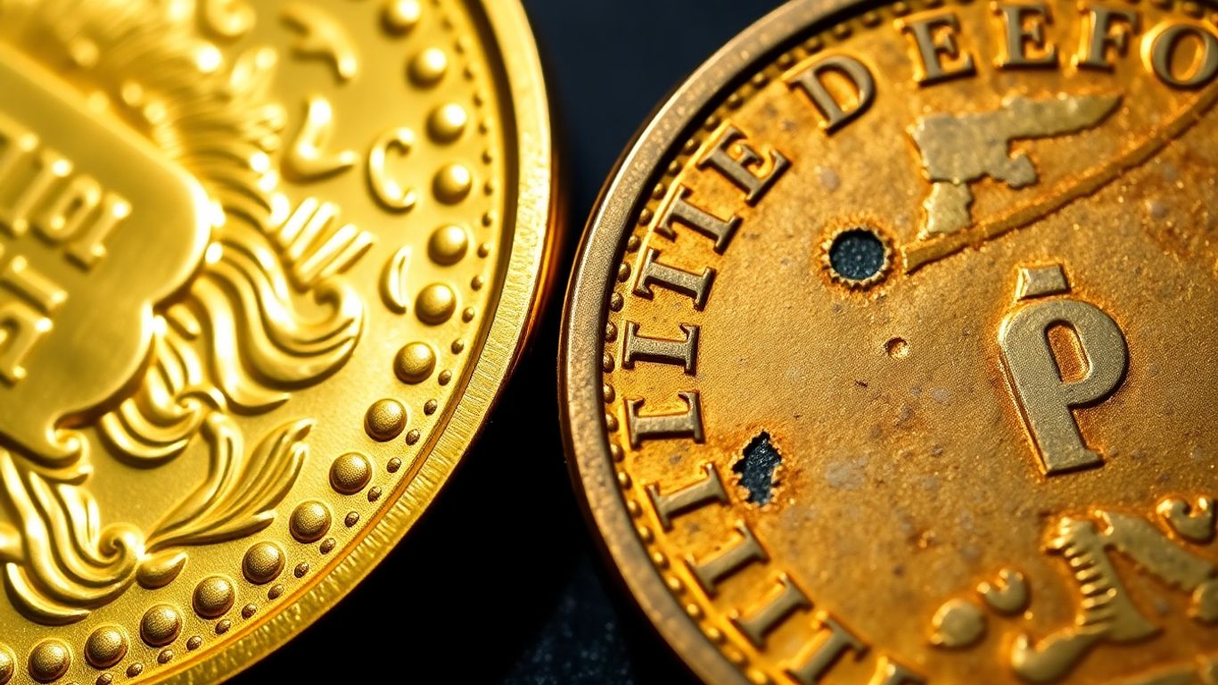 Genuine gold coin next to a fake one.