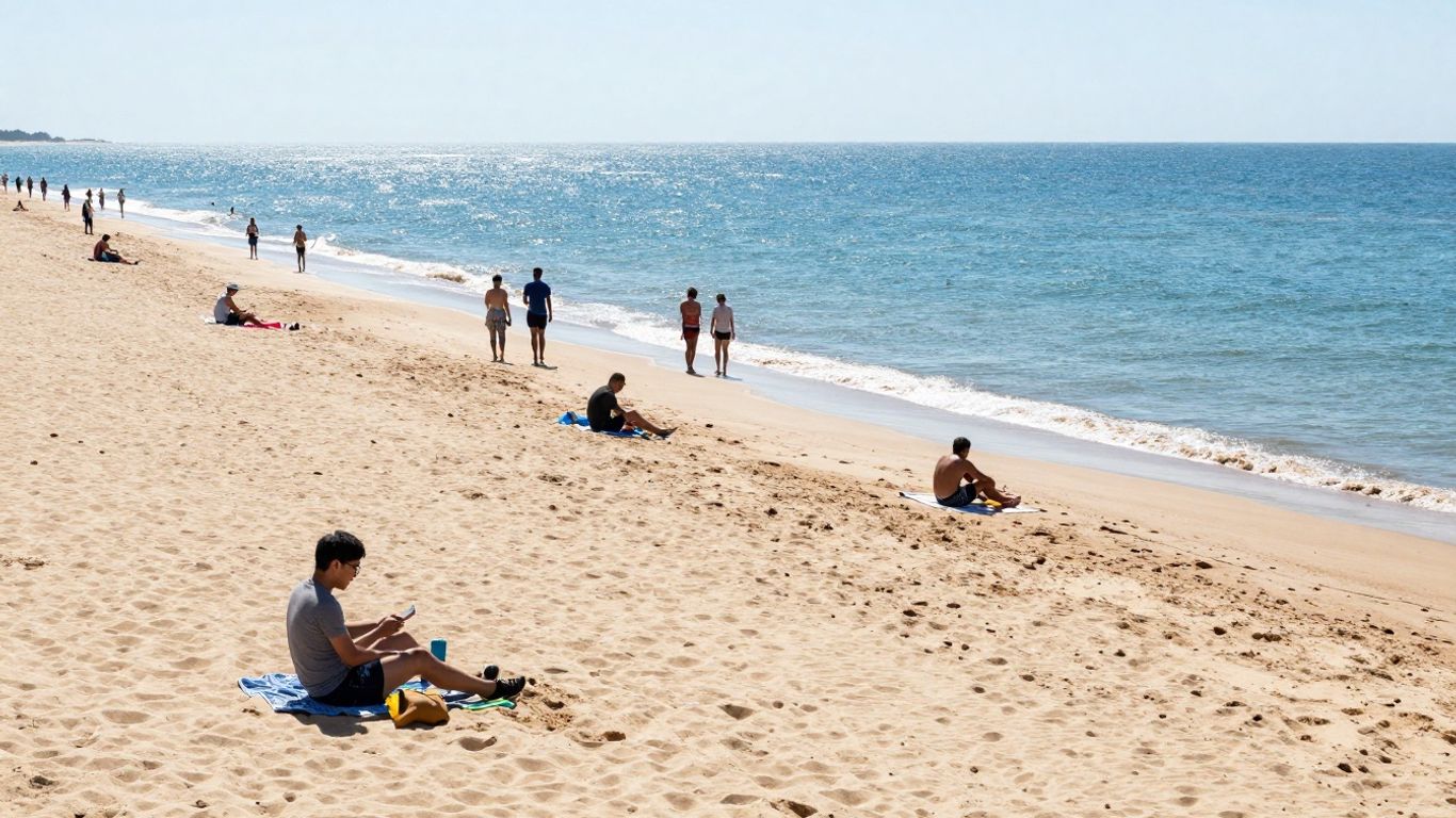 Zonnig strand met blauwe zee en gouden zand.