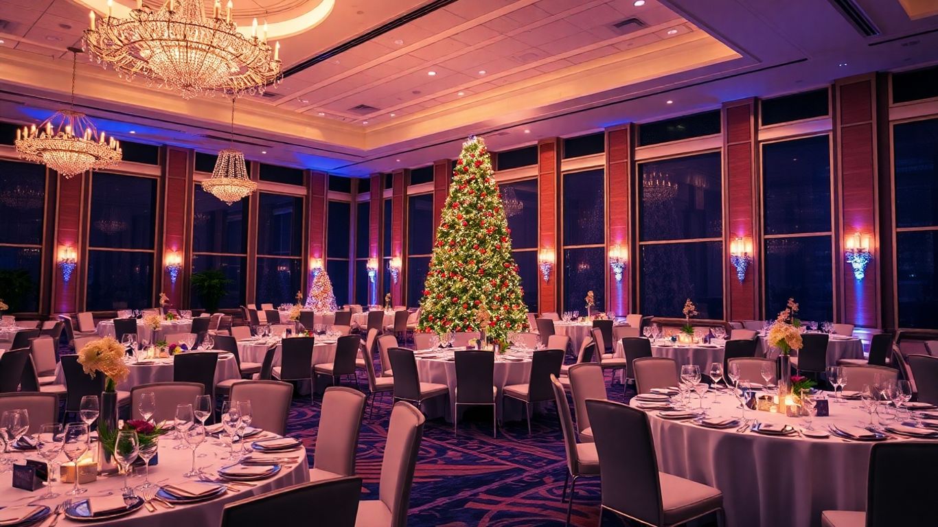 Elegant holiday party venue in Dallas with Christmas tree and decor.