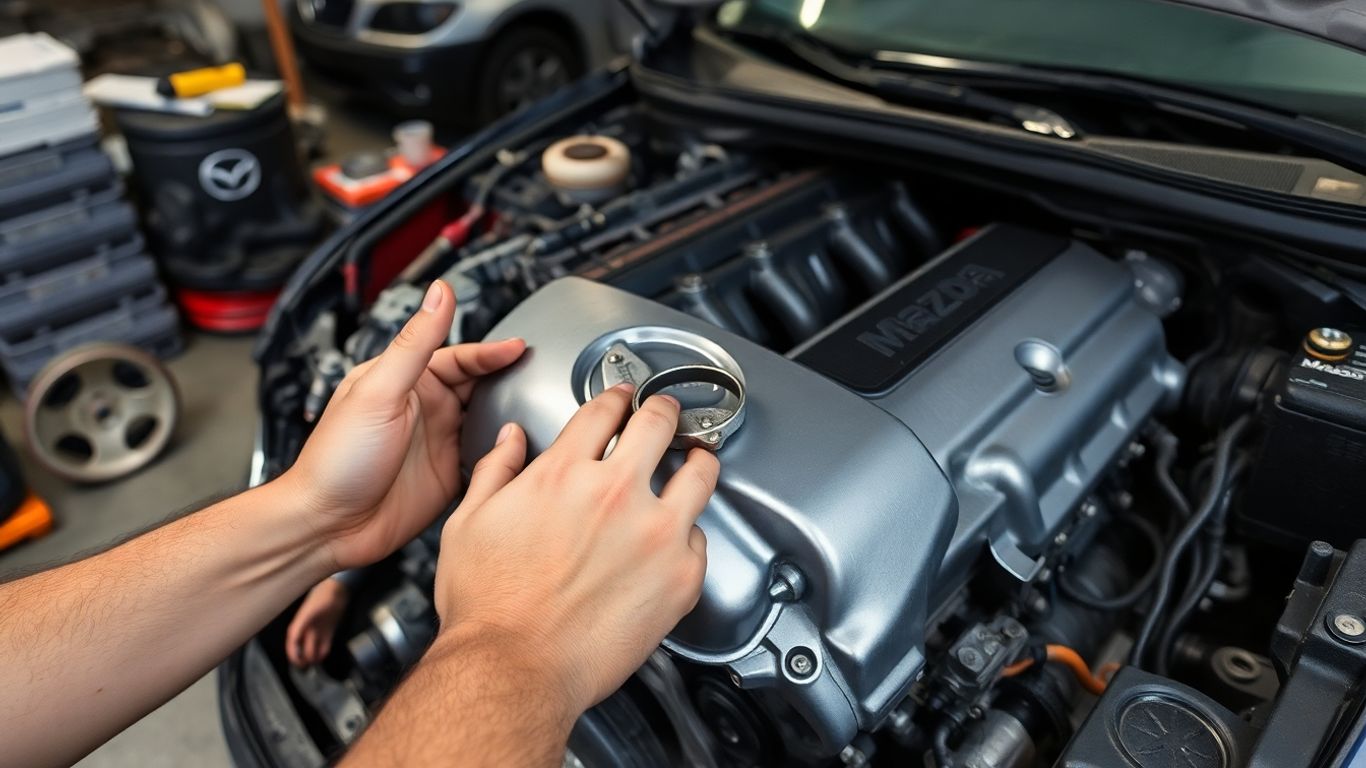 Mechanic removing Mazda engine part from car.