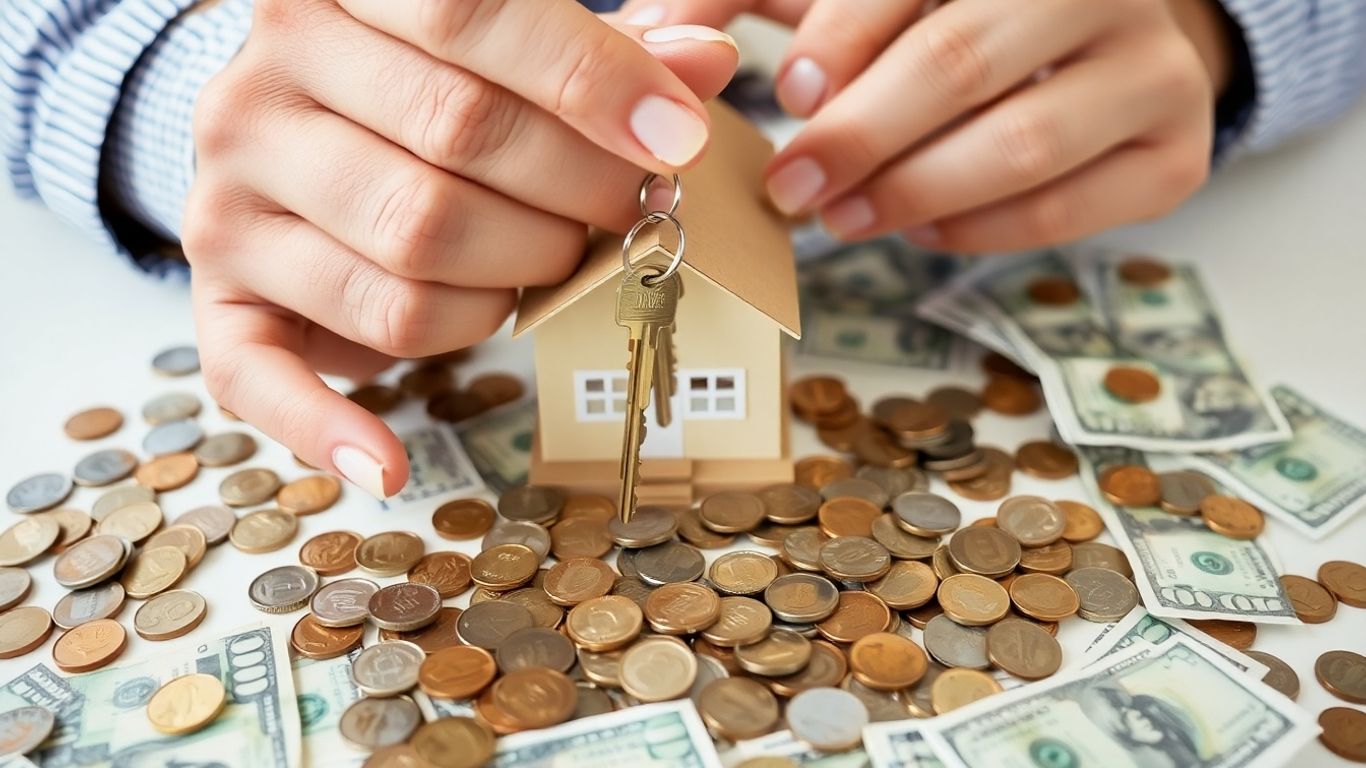 Llaves de casa con dinero esparcido alrededor.