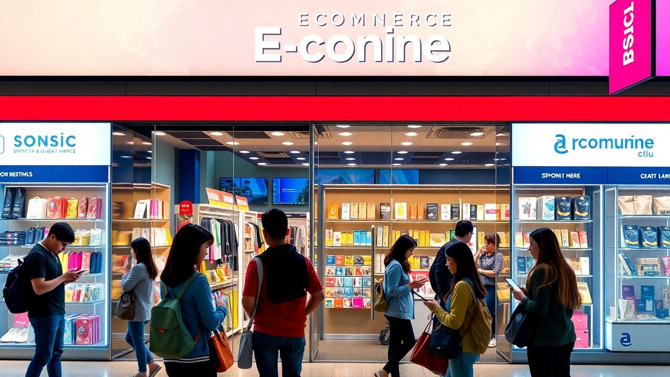 E-commerce storefront with diverse customers browsing products online.