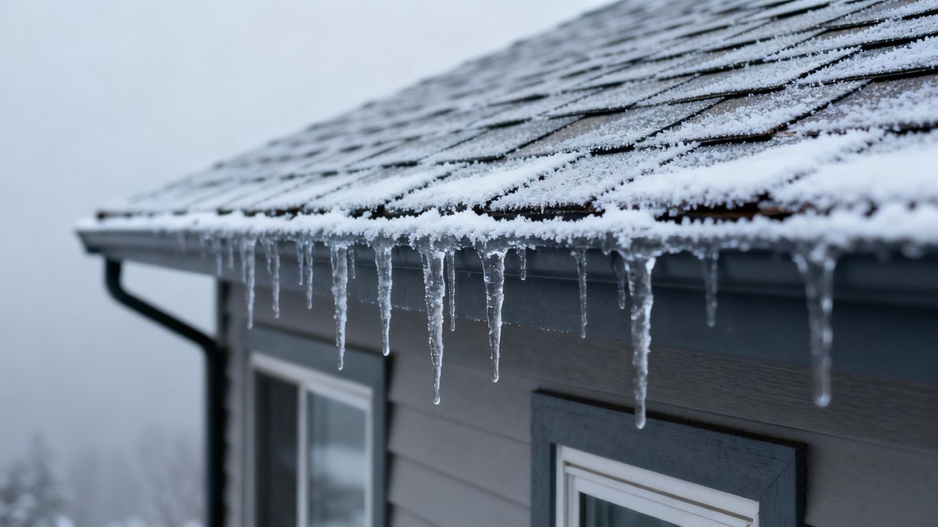 Snow-covered roof with icicles in winter.