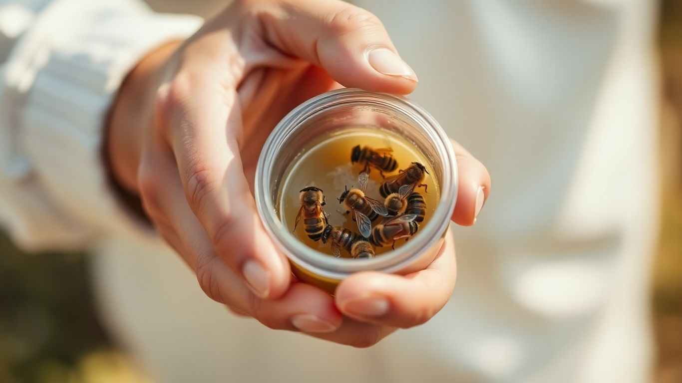 Hands holding bees in a clear container.
