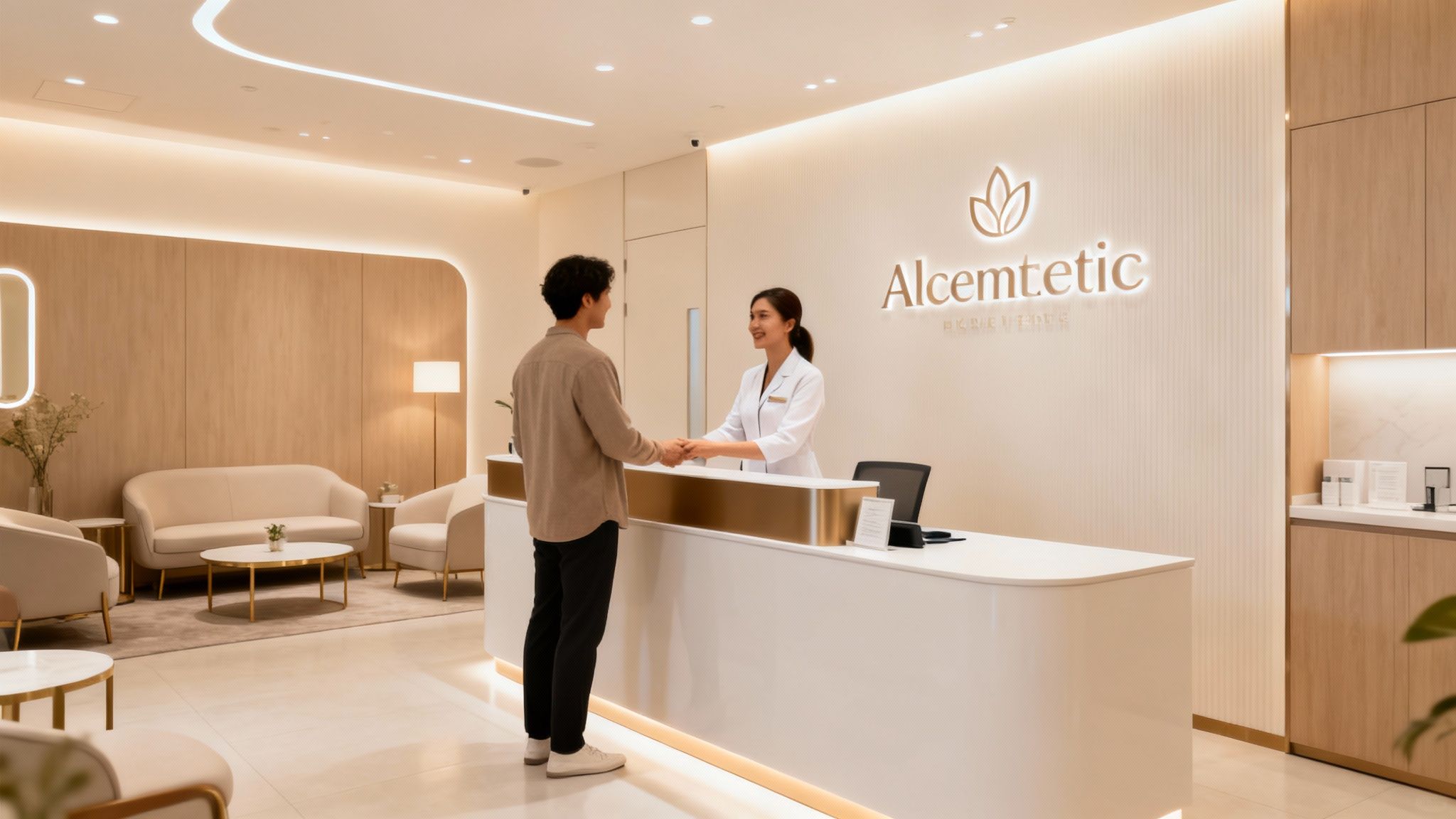 Patient greeted by receptionist at a modern aesthetic clinic.